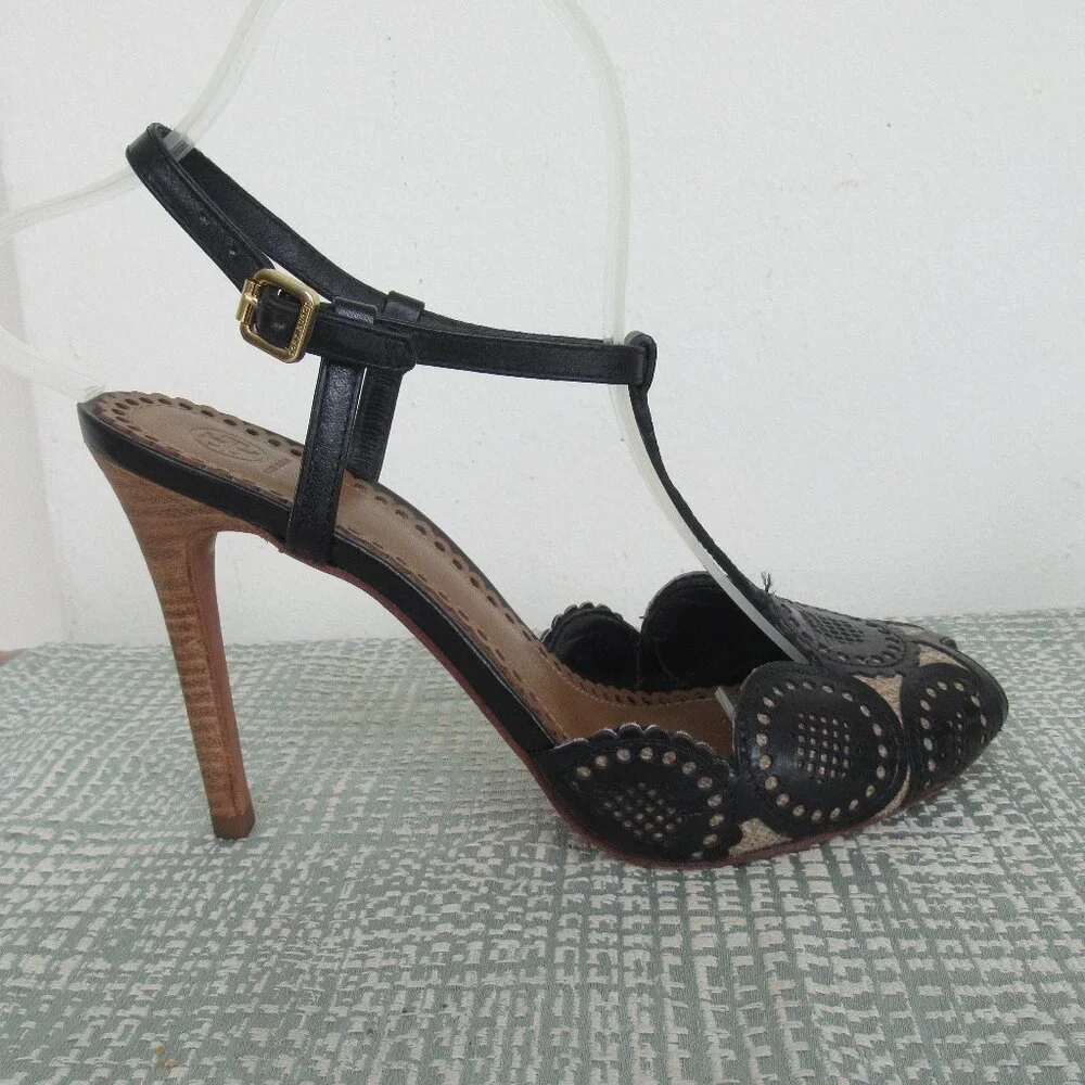 TORY BURCH, ALEXA Genuine Leather Peep Toe High Heel Sandal Black & Tan Sz. 6.5 - Picture 3 of 13